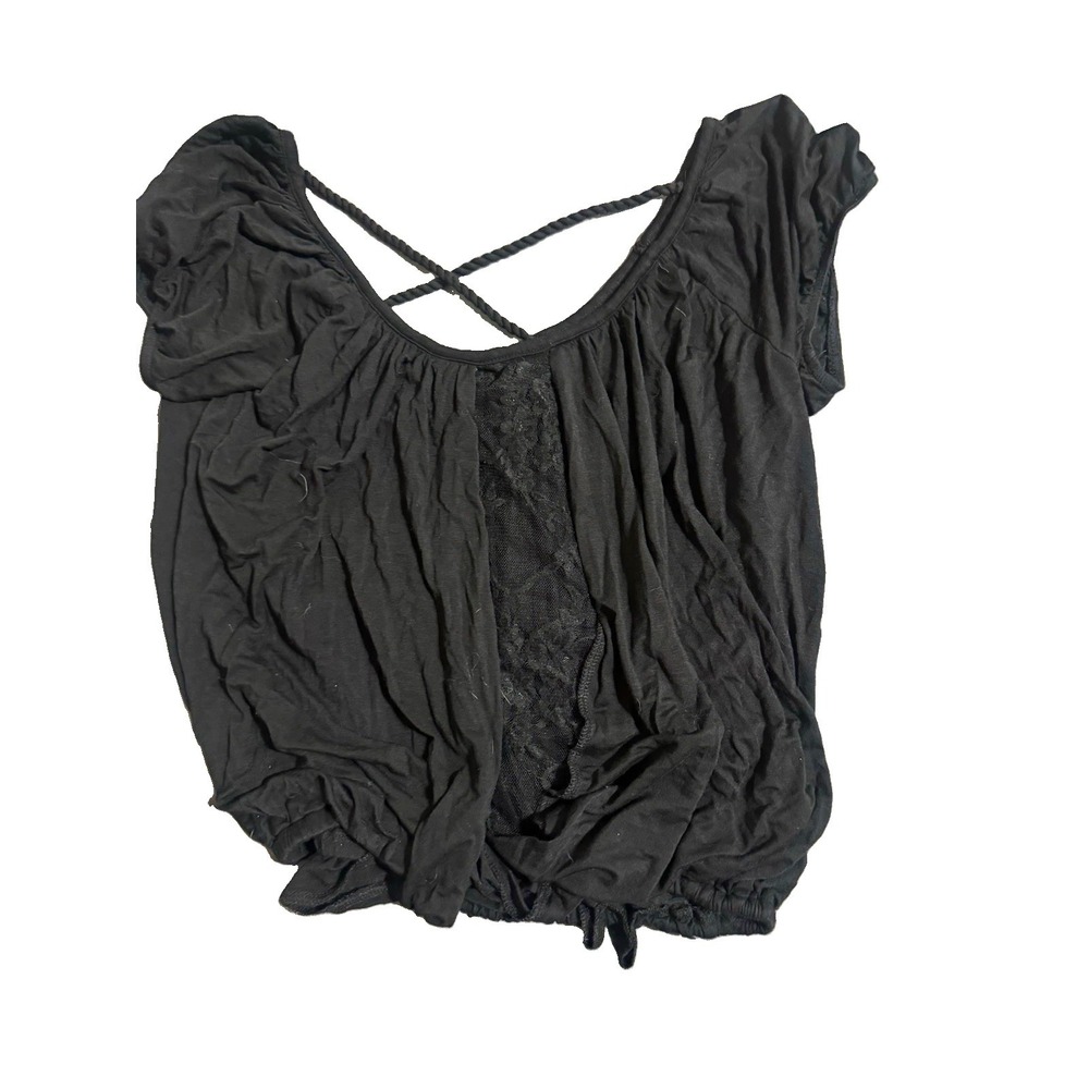 Bongo Women's M Black Knit Scoop Neck Short Sleeve Lace Stretch Pullover Blouse